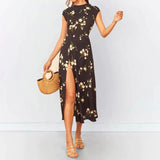 hoombox Elegant Round Neck Short-Sleeve Side Slit Print Dress