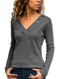 hoombox Autumn V-neck Button Decoration Solid Color Casual Long-sleeved Ladies T-shirt