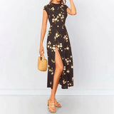 hoombox Elegant Round Neck Short-Sleeve Side Slit Print Dress