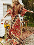 hoombox Chiffon Boho Short Sleeve Maxi Dress