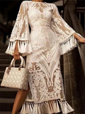 hoombox Elegant Lace Inwrought Tassel Bell Sleeve Maxi Dresses