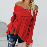 hoombox Elastic Off Shoulder Long Flare Sleeve Plain Pleated Loose T-Shirts