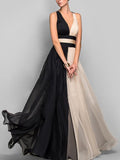 hoombox Deep V-Neck  Color Block  Chiffon Evening Dress