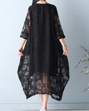 hoombox Vintage Women Lace Hollow Out 3/4 Sleeve Fake Two-Piece Dress