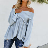 hoombox Elastic Off Shoulder Long Flare Sleeve Plain Pleated Loose T-Shirts