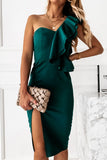 Fashion Street Solid Patchwork Slit One Shoulder Wrapped Skirt Dresses