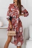 Hoombox Elegant Floral Fold With Belt Ribbon Collar Pleated Dresses