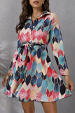 Hoombox Elegant Geometric Print Buckle With Belt Turndown Collar A Line Dresses