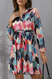 Hoombox Elegant Geometric Print Buckle With Belt Turndown Collar A Line Dresses