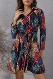 Hoombox Elegant Geometric Print Buckle With Belt Turndown Collar A Line Dresses