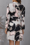 Hoombox Elegant Geometric Print Buckle With Belt Turndown Collar A Line Dresses