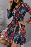 Hoombox Elegant Geometric Print Buckle With Belt Turndown Collar A Line Dresses