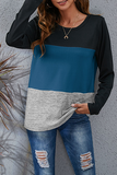 Hoombox Casual Patchwork Basic  Contrast O Neck Tops