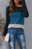 Hoombox Casual Patchwork Basic  Contrast O Neck Tops