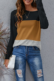 Hoombox Casual Patchwork Basic  Contrast O Neck Tops