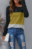 Hoombox Casual Patchwork Basic  Contrast O Neck Tops