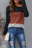 Hoombox Casual Patchwork Basic  Contrast O Neck Tops