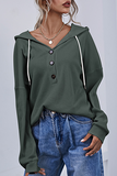 Hoombox Casual Solid Draw String Buttons Hooded Collar Tops