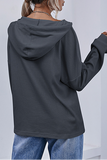 Hoombox Casual Solid Draw String Buttons Hooded Collar Tops