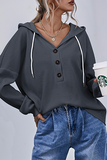 Hoombox Casual Solid Draw String Buttons Hooded Collar Tops