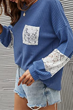 Hoombox Casual Patchwork Lace Split Joint O Neck Tops