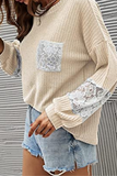 Hoombox Casual Patchwork Lace Split Joint O Neck Tops