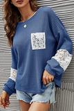 Hoombox Casual Patchwork Lace Split Joint O Neck Tops