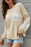 Hoombox Casual Patchwork Lace Split Joint O Neck Tops