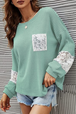 Hoombox Casual Patchwork Lace Split Joint O Neck Tops