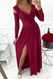 Hoombox Casual Elegant Solid Hollowed Out Slit V Neck Waist Skirt Dresses