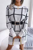 Hoombox Street Plaid Striped Contrast O Neck One Step Skirt Dresses