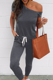 Casual Solid Draw String One Shoulder Skinny Jumpsuits(4 Colors)