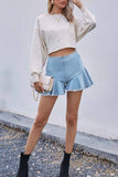 Hoombox  High-Waisted Commuter Denim Ruffled Zipper Shorts