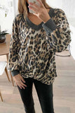 Hoombox  V-neck Long Sleeve Leopard Print Pullover Tops