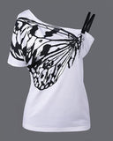 hoombox One Shoulder Butterfly Print Casual T-shirt