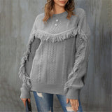 Hoombox  Round Neck Loose Tassel Twist Solid Color Sweater