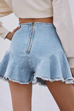 Hoombox  High-Waisted Commuter Denim Ruffled Zipper Shorts