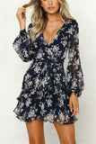 hoombox Digital Print V Collar Long Sleeved Waistband Dress