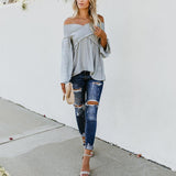 hoombox Elastic Off Shoulder Long Flare Sleeve Plain Pleated Loose T-Shirts