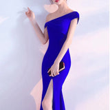 hoombox Fashion Boat Neck Pure Colour Slit Evening Dress