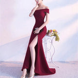 hoombox Fashion Boat Neck Pure Colour Slit Evening Dress