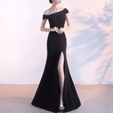 hoombox Fashion Boat Neck Pure Colour Slit Evening Dress