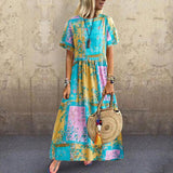 hoombox Commuting Round Neck Short Sleeve Pressure Plait Printed Colour  Dress