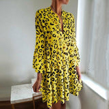 hoombox Casual Leopard Print Bracelet Sleeve Pleated Splicing Dress