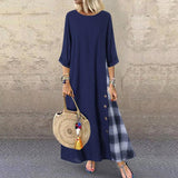 hoombox Casual Plaid Pure Colour Bracelet Sleeve Round Neck Dress