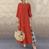 hoombox Casual Plaid Pure Colour Bracelet Sleeve Round Neck Dress