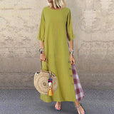 hoombox Casual Plaid Pure Colour Bracelet Sleeve Round Neck Dress