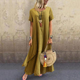 hoombox Casual Round Neck Loose Fake Two Large Swing Linen Dress