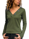 hoombox Autumn V-neck Button Decoration Solid Color Casual Long-sleeved Ladies T-shirt