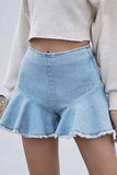 Hoombox  High-Waisted Commuter Denim Ruffled Zipper Shorts